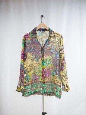 GO SILK Long Sleeve Floral Green Purple Multi color Button Blouse Tunic